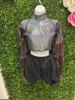 Holographic Fringe Dance Crop Top and Black Shorts - Kids Costume